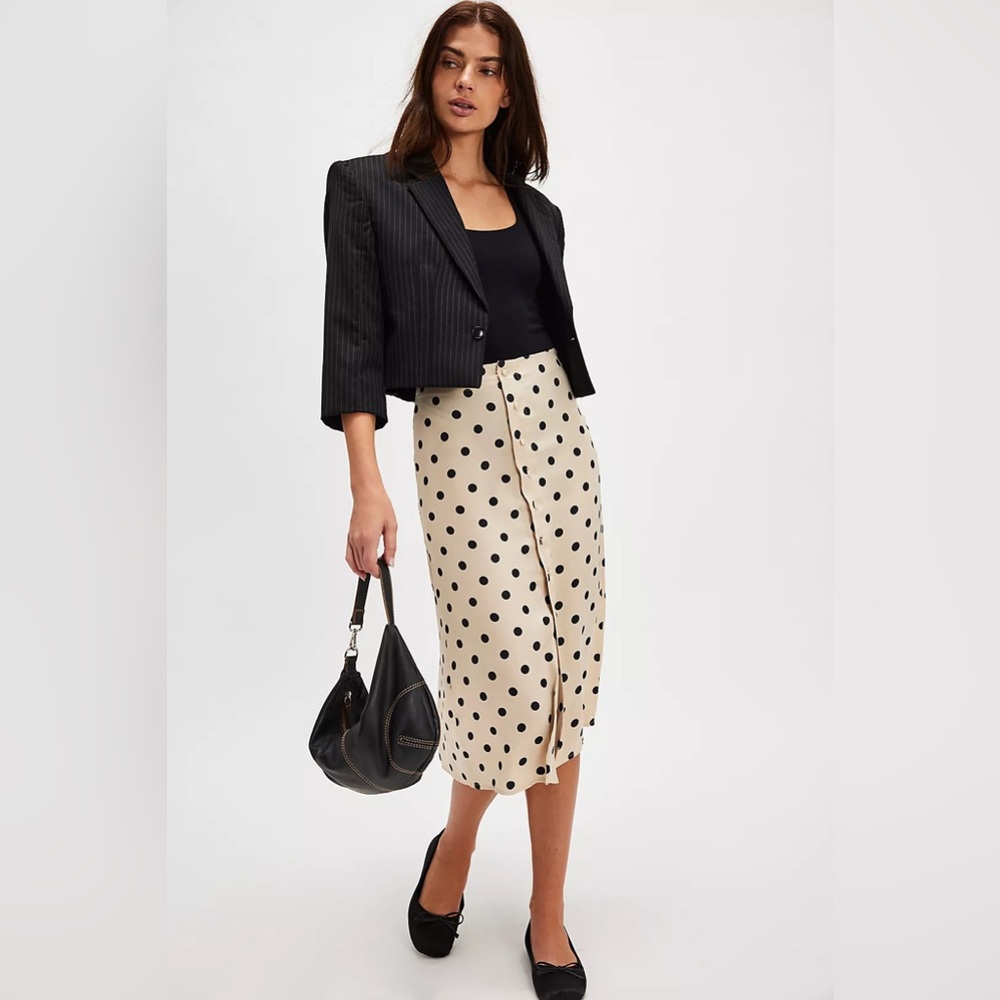 NWT FREE PEOPLE Analise Printed Midi Skirt Sz 10 Cream Combo Dot Daze Polka Dot